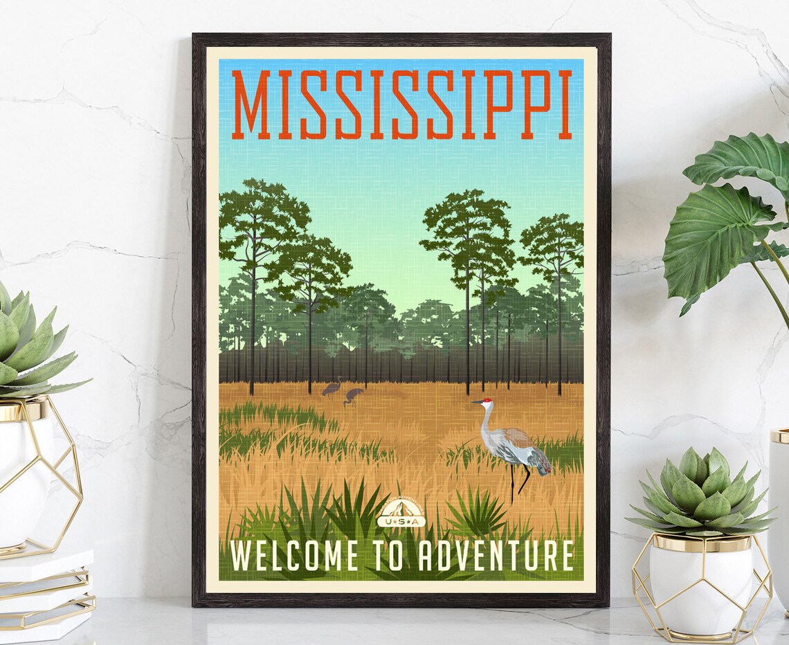 Mississippi Welcome to Adventure Retro Forest Cranes Travel Poster