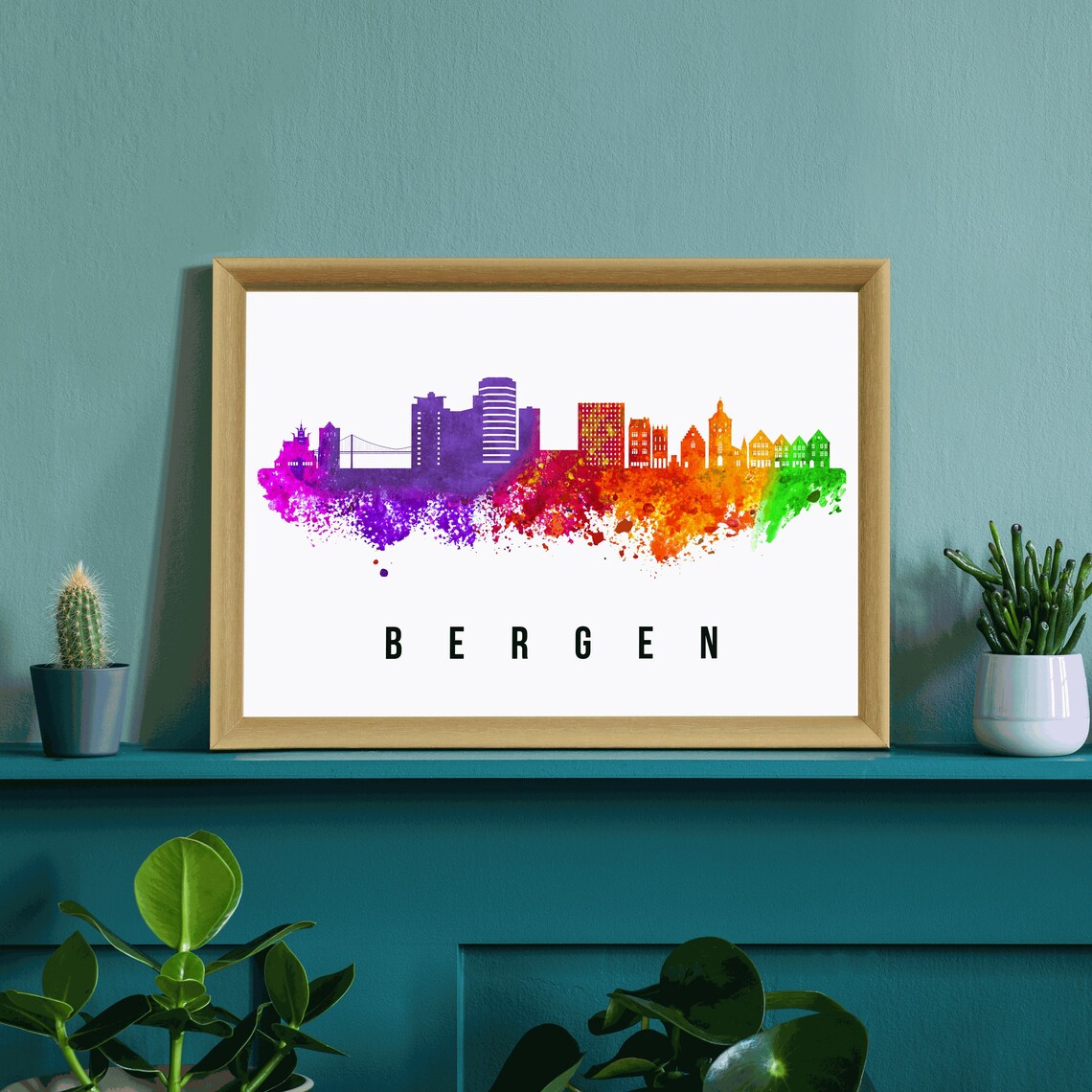 Bergen Norway Rainbow Watercolor Skyline Silhouette Harbor City Poster - Image 3