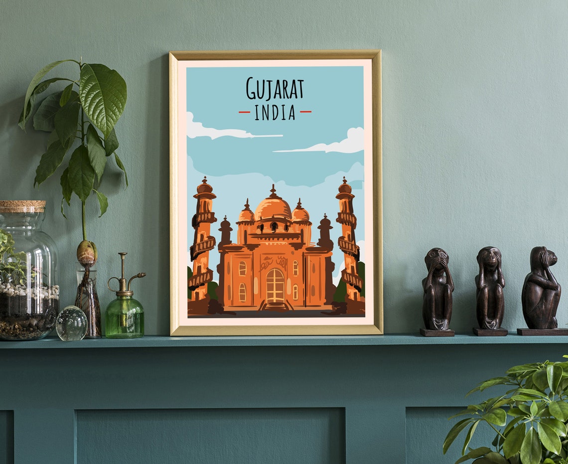Gujarat India Red Sandstone Mosque Dome Retro Travel Wall Poster - Image 3