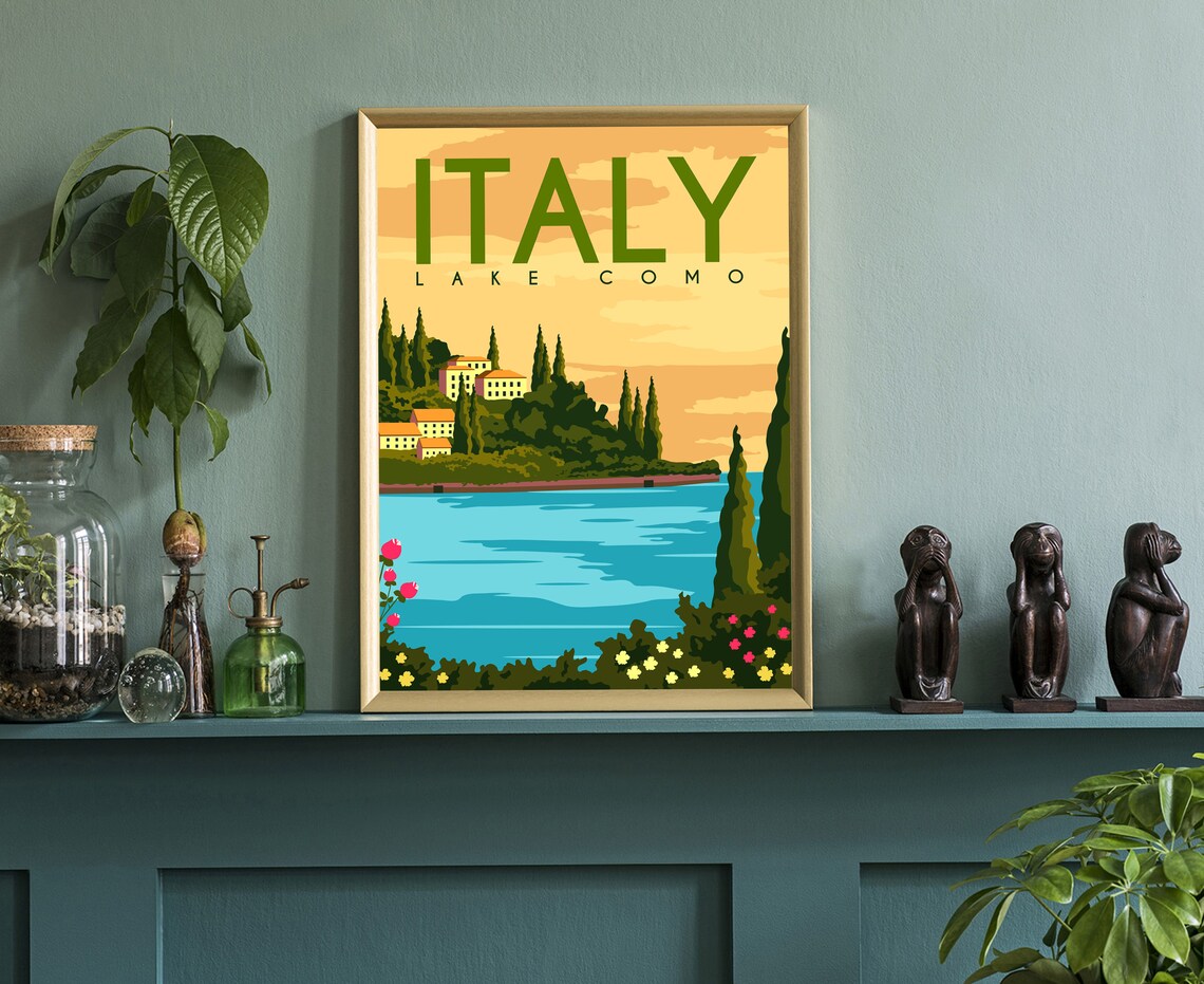 Italy Lake Como Villa Cypress Lake Sunset View Vintage Travel Poster - Image 3
