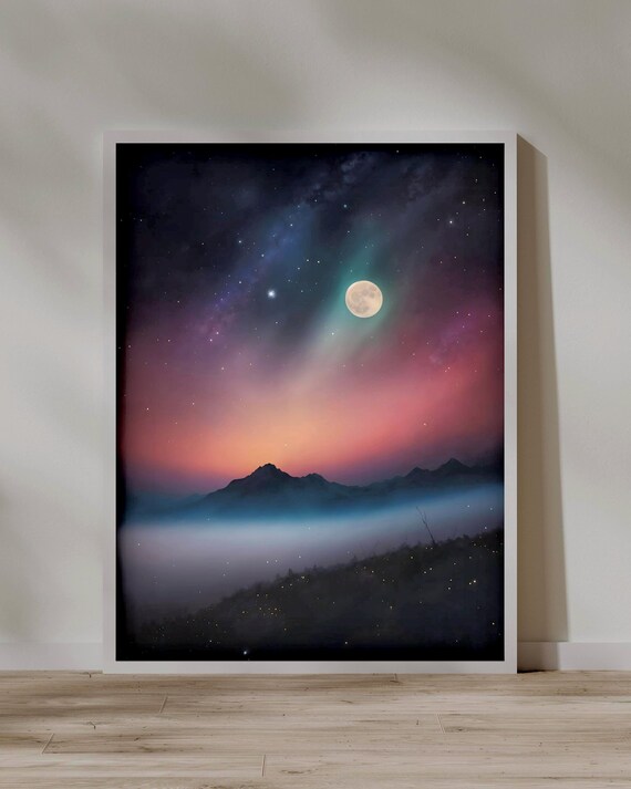 Moonlit Mountain Print Night Sky Home Decor Png File