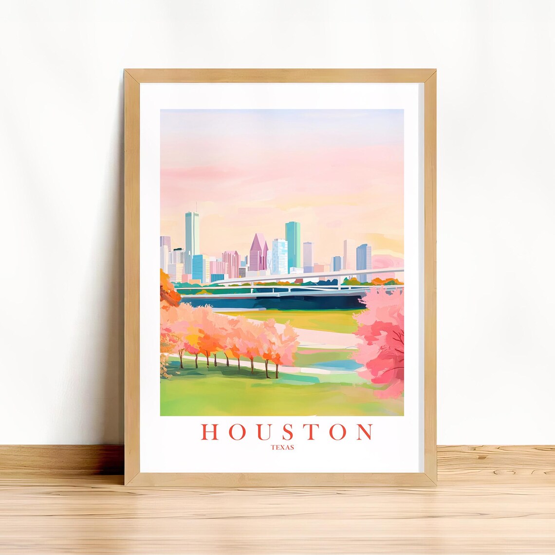 Houston Texas Skyline Pink Sunset Watercolor Modern City Travel Poster