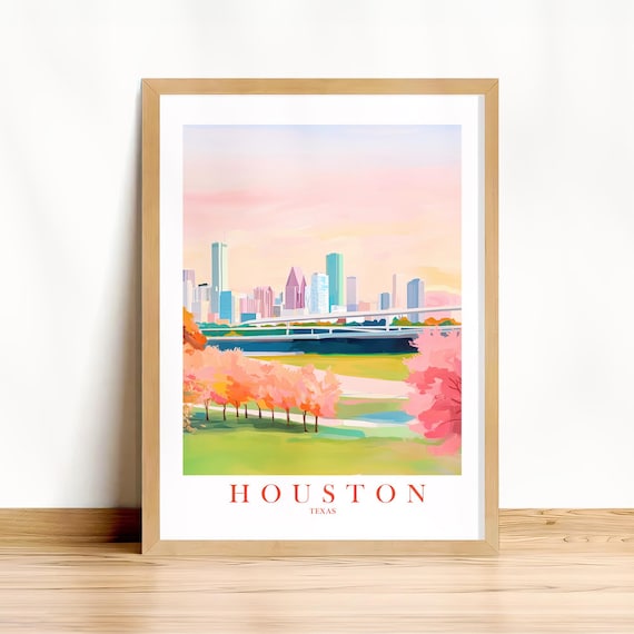 Houston Texas Skyline Pink Sunset Watercolor Modern City Travel Poster