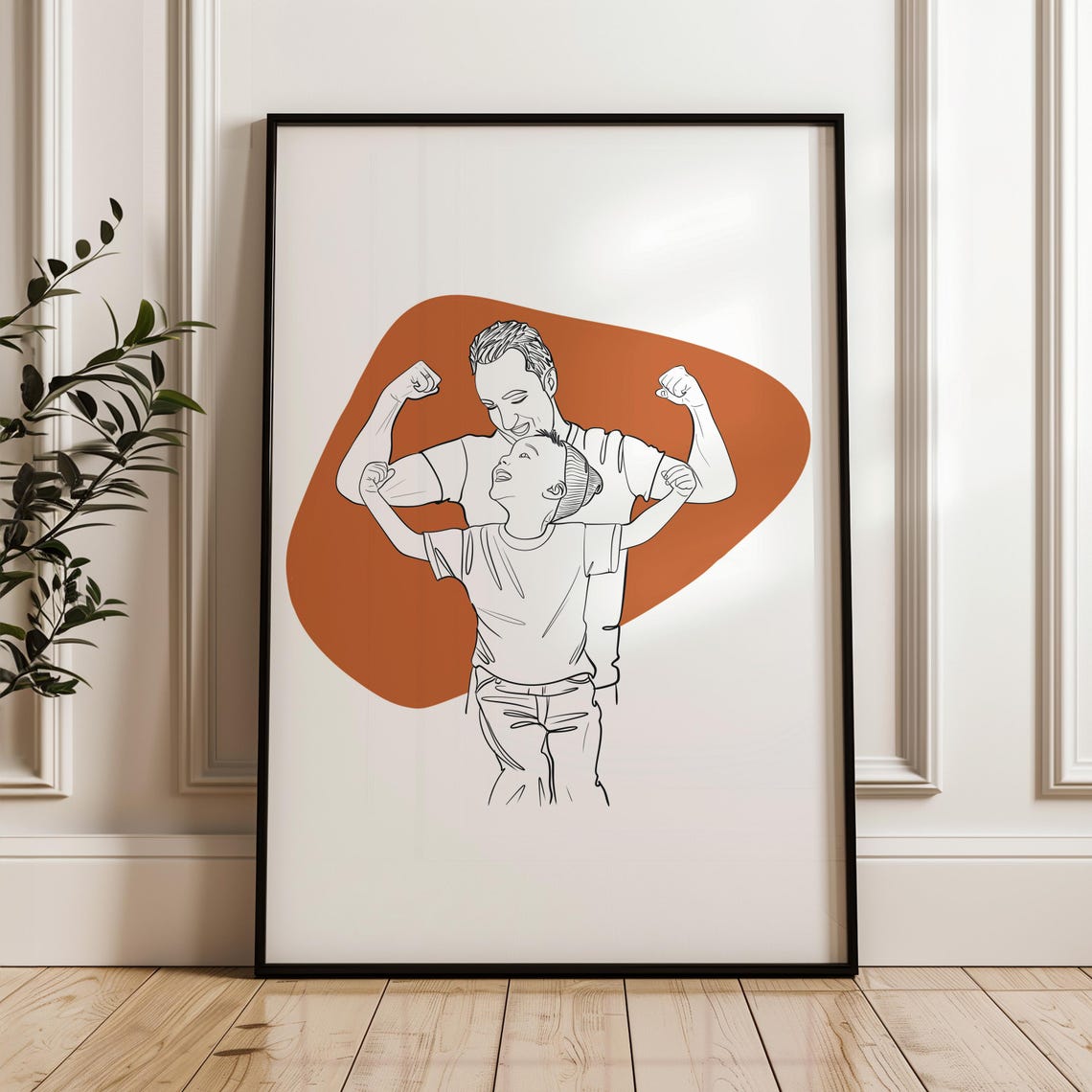 Father and Son Flexing Muscles Line Drawing on Burnt Orange Poster