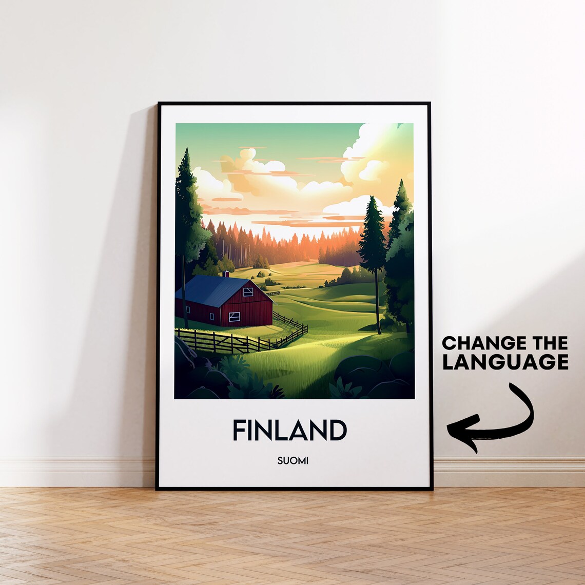Finland Suomi Red Barn Green Meadow Sunset Travel Art Poster