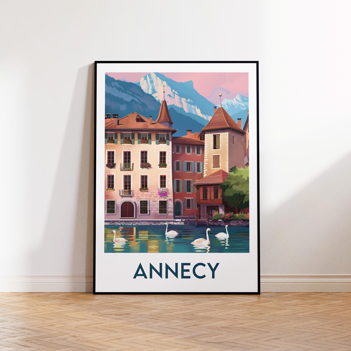 Annecy France Vintage Travel Poster Lakeside Old Town With Swans