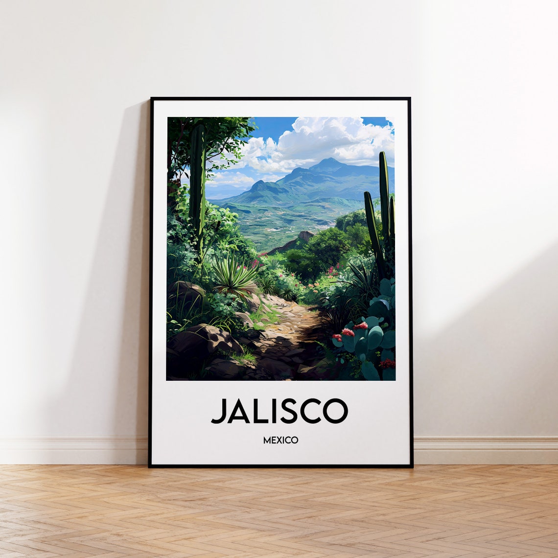 Jalisco Mexico Travel Art Desert Trail Cacti Mountains Poster
