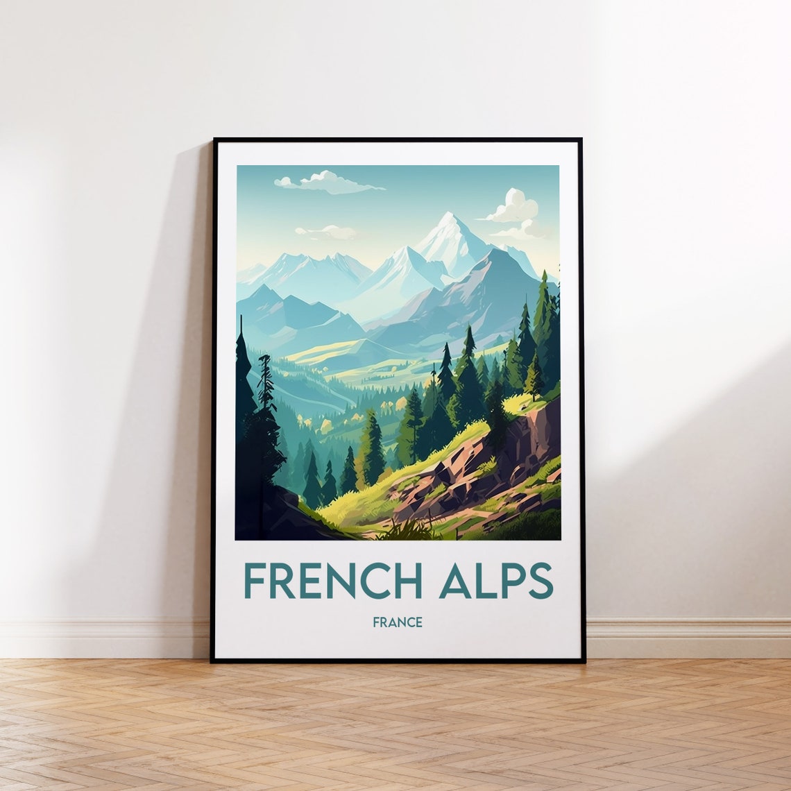 French Alps Snowcapped Peaks Pine Forest Valley Travel Poster