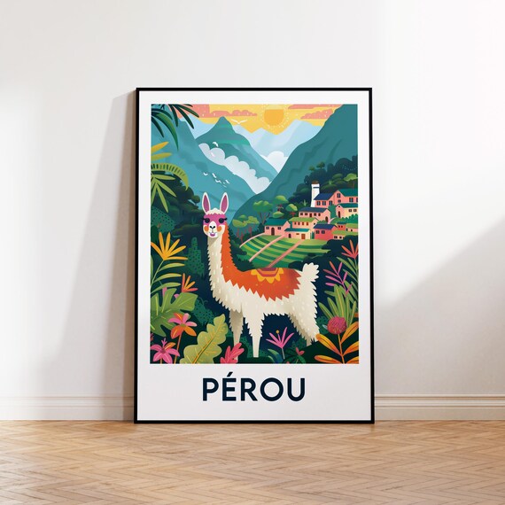 Perou Colorful Llama Tropical Mountains French Vintage Travel Poster