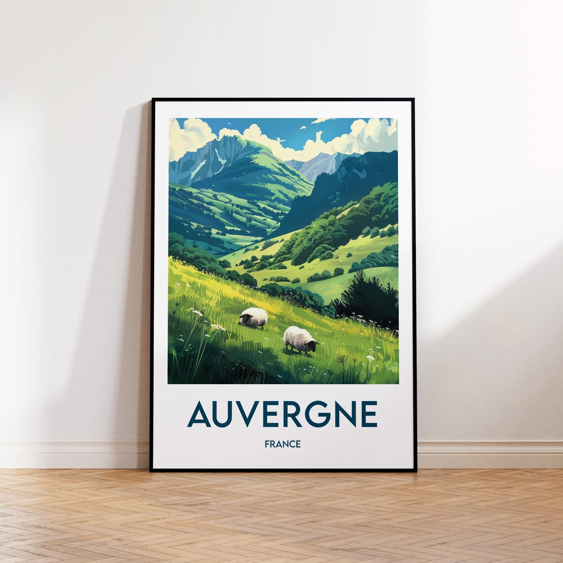 Auvergne France Green Mountain Pasture Grazing Sheep Scenic Poster