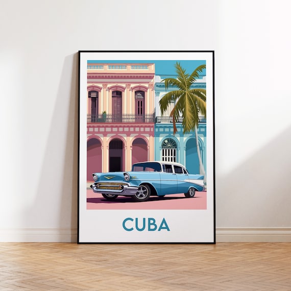 Cuba Classic Blue Car Vintage Travel Poster Havana Street Scene