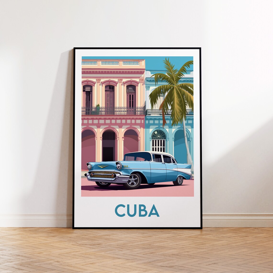 Cuba Classic Blue Car Vintage Travel Poster Havana Street Scene