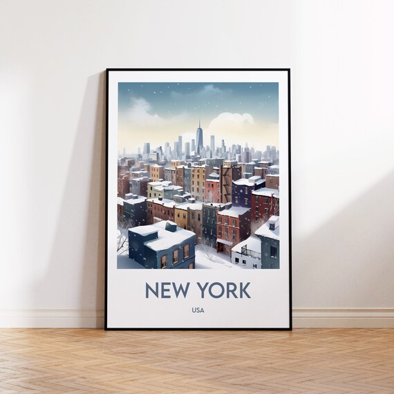 New York City Snowy Winter Skyline Christmas USA Travel Poster