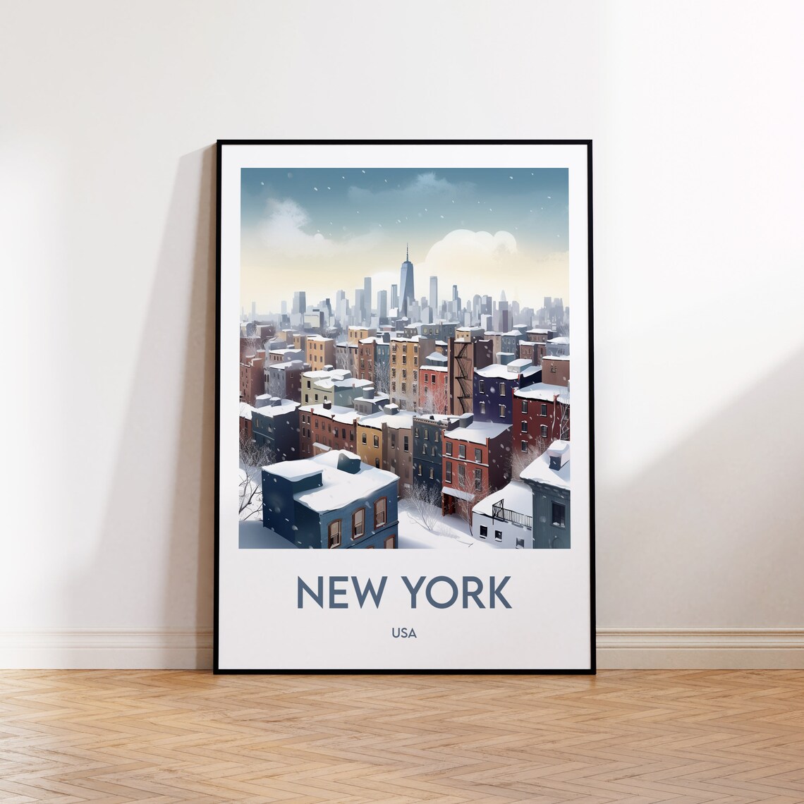 New York City Snowy Winter Skyline Christmas USA Travel Poster