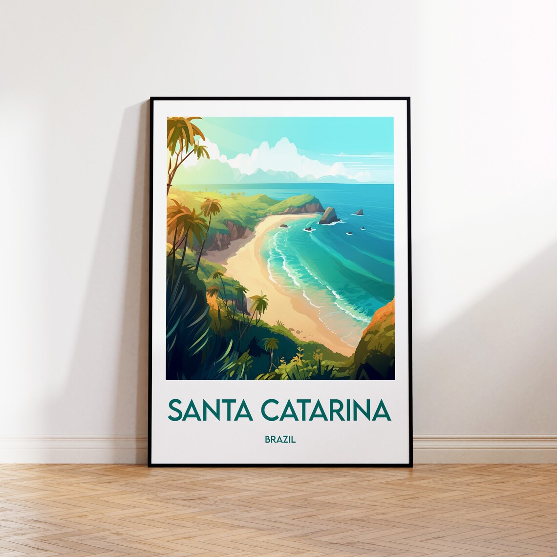 Santa Catarina Brazil Tropical Beach Cove Palm Trees Travel Poster