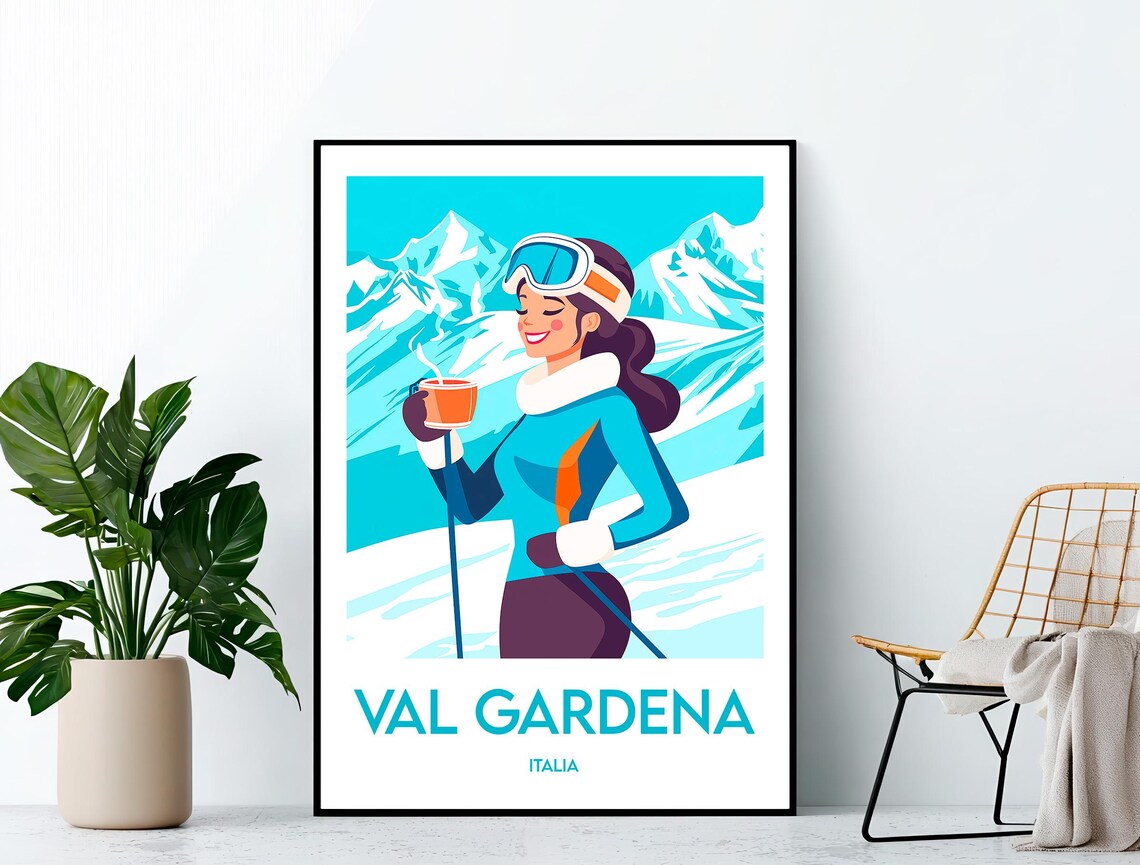 Val Gardena Italia Vintage Ski Resort Travel Poster with Skier Hot Drink