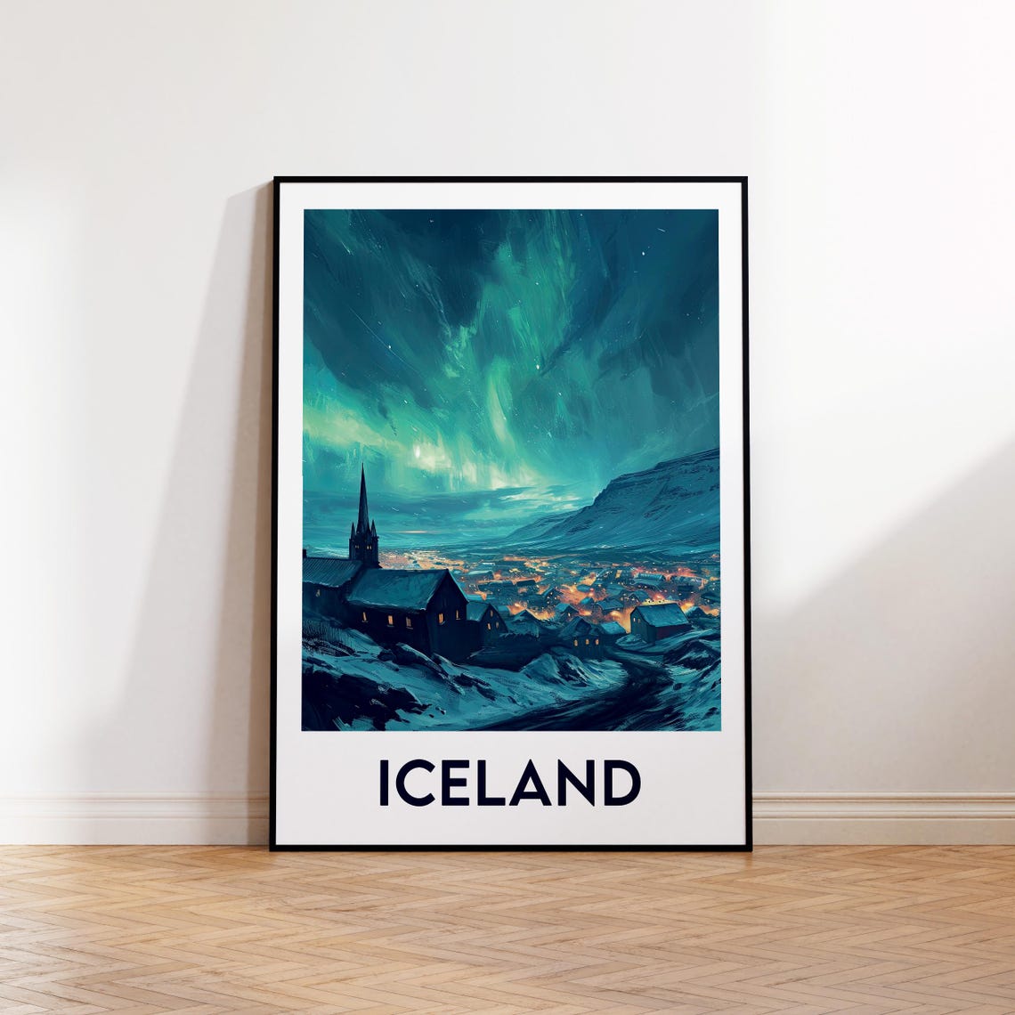 Iceland Northern Lights Night Church Town Vintage Travel Poster