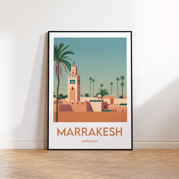 Marrakesh Morocco Mosque Minaret Palm Trees Vintage Travel Poster