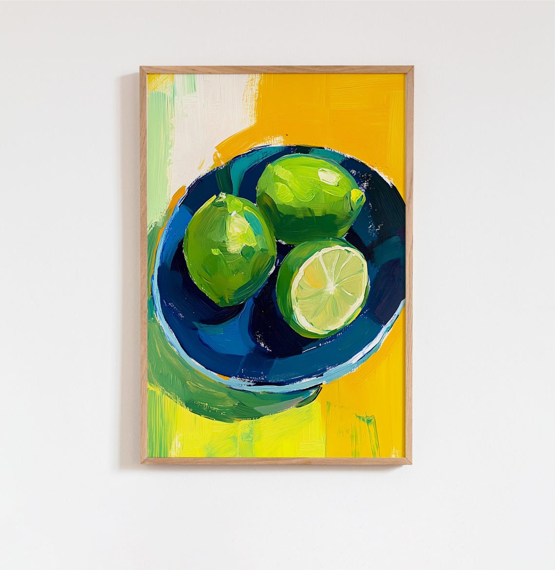 Green Limes on Blue Plate Vibrant Still Life Kitchen Art Poster