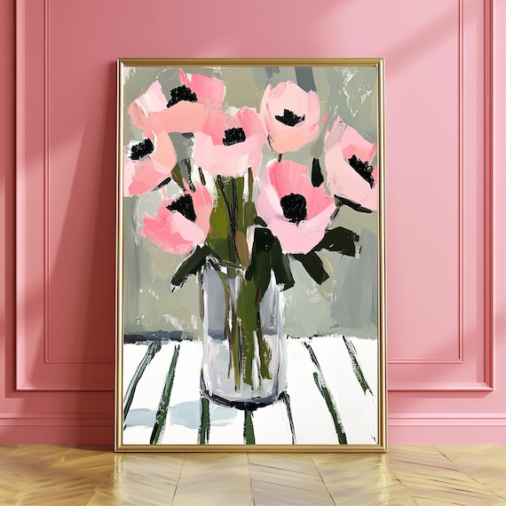 Pink Anemones Oil Painting Abstract Floral Print
