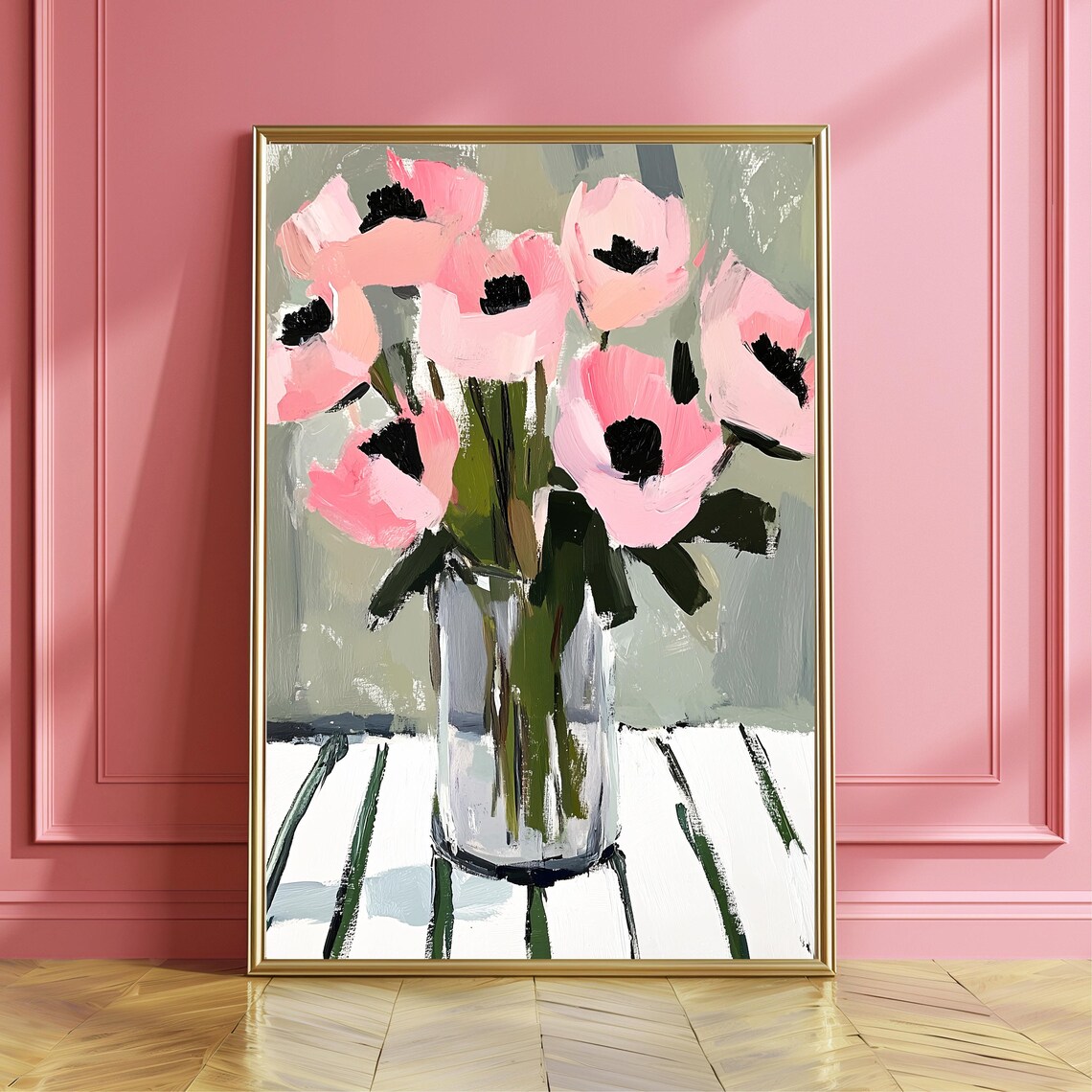 Pink Anemones Oil Painting Abstract Floral Print