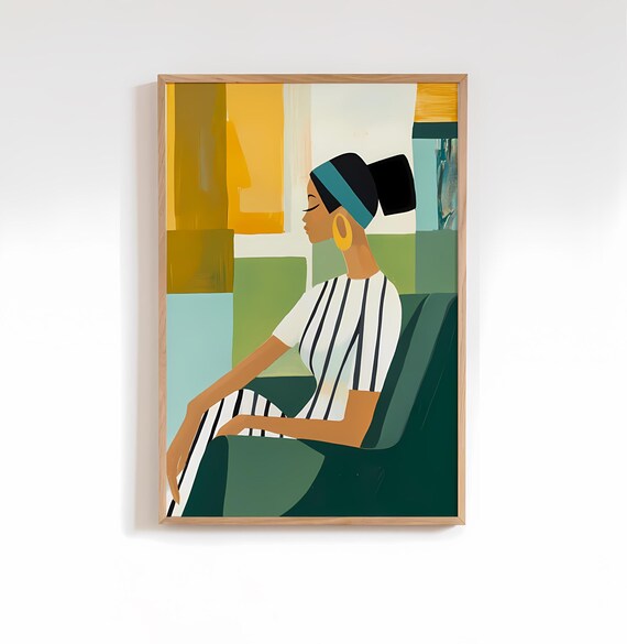 Green And Yellow Abstract Art Colorful Stripe Woman Portrait Vibrant Contemporary Wall Decor Large Interior Artwork