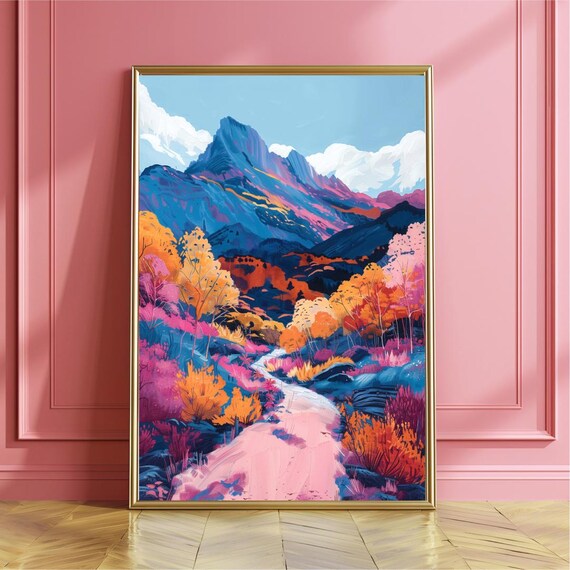 Vibrant Purple Orange Semi-Abstract Mountain Landscape Poster