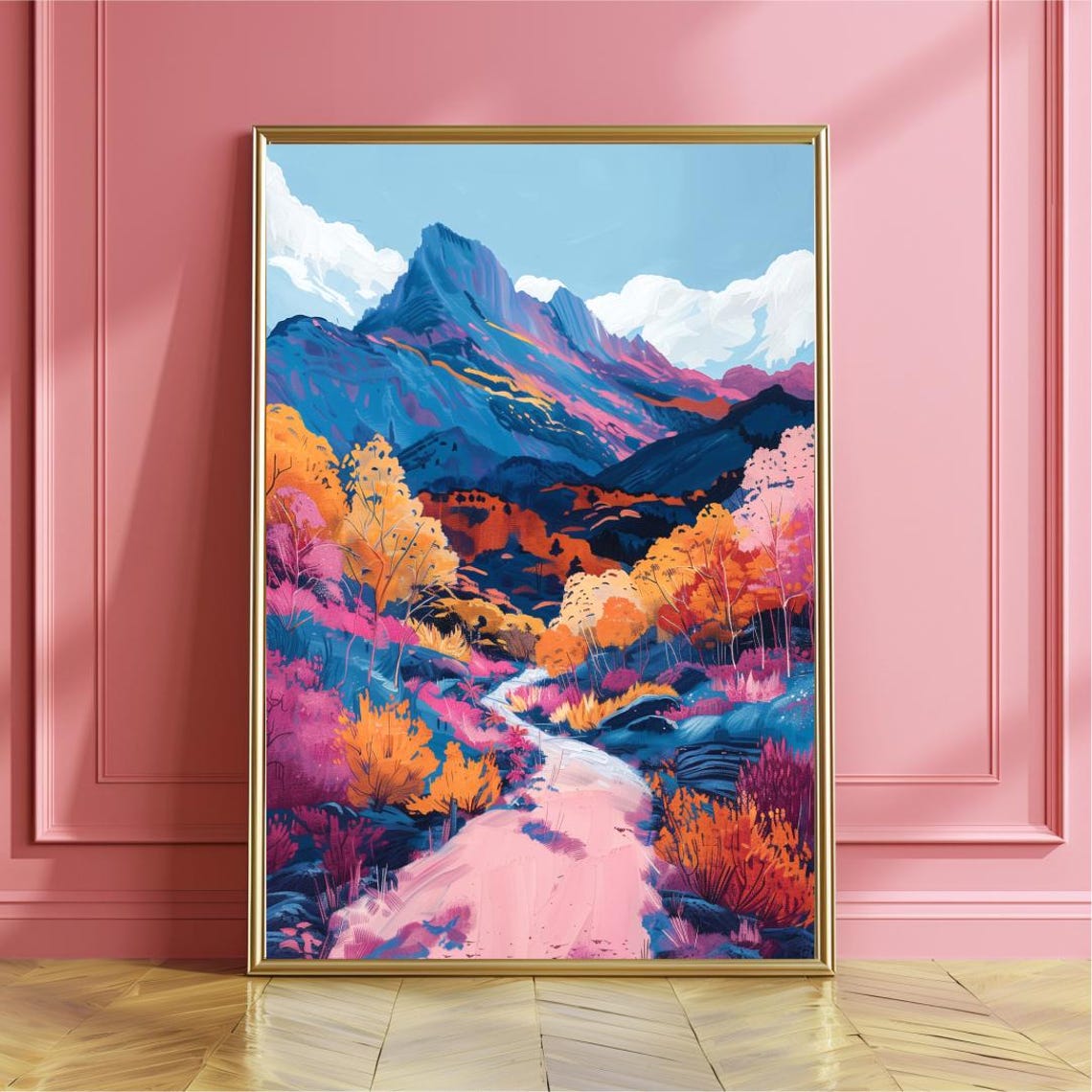 Vibrant Purple Orange Semi-Abstract Mountain Landscape Poster