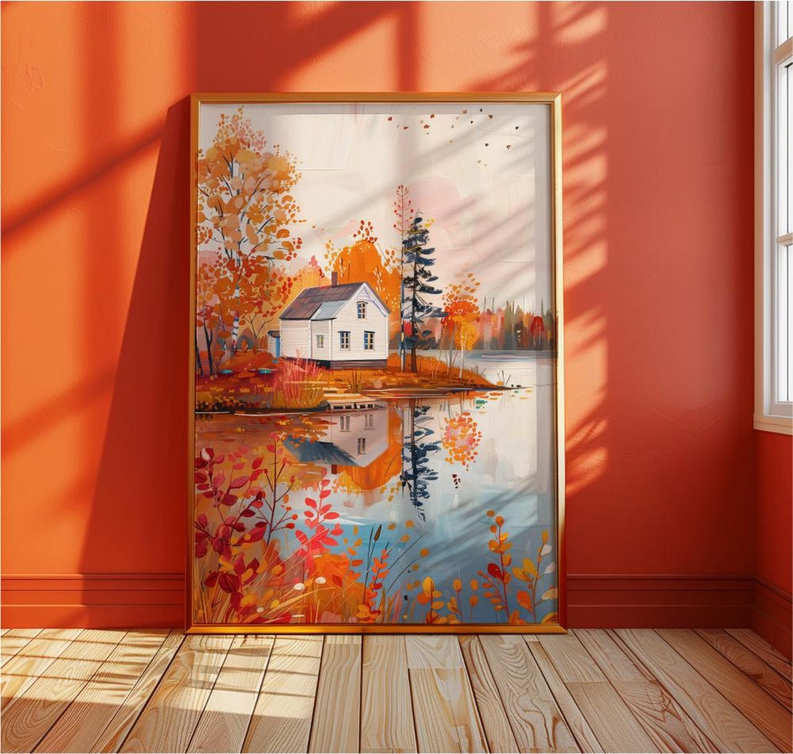 White Lakeside Cabin With Autumn Trees And Calm Lake Reflection Poster