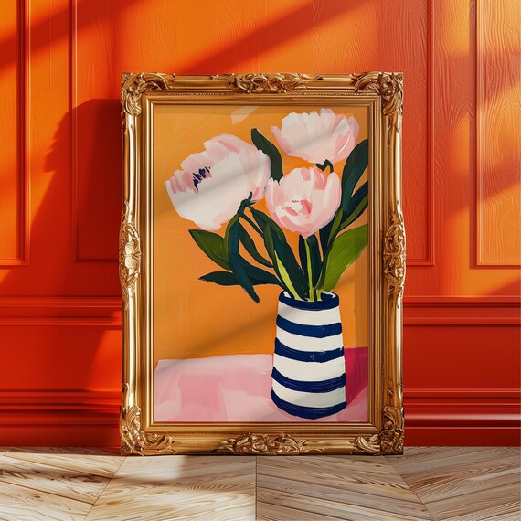 Blush Pink Peonies Gouache Art Print Striped Vase Wall Decor Bold Floral Artwork Orange Background Poster Feminine