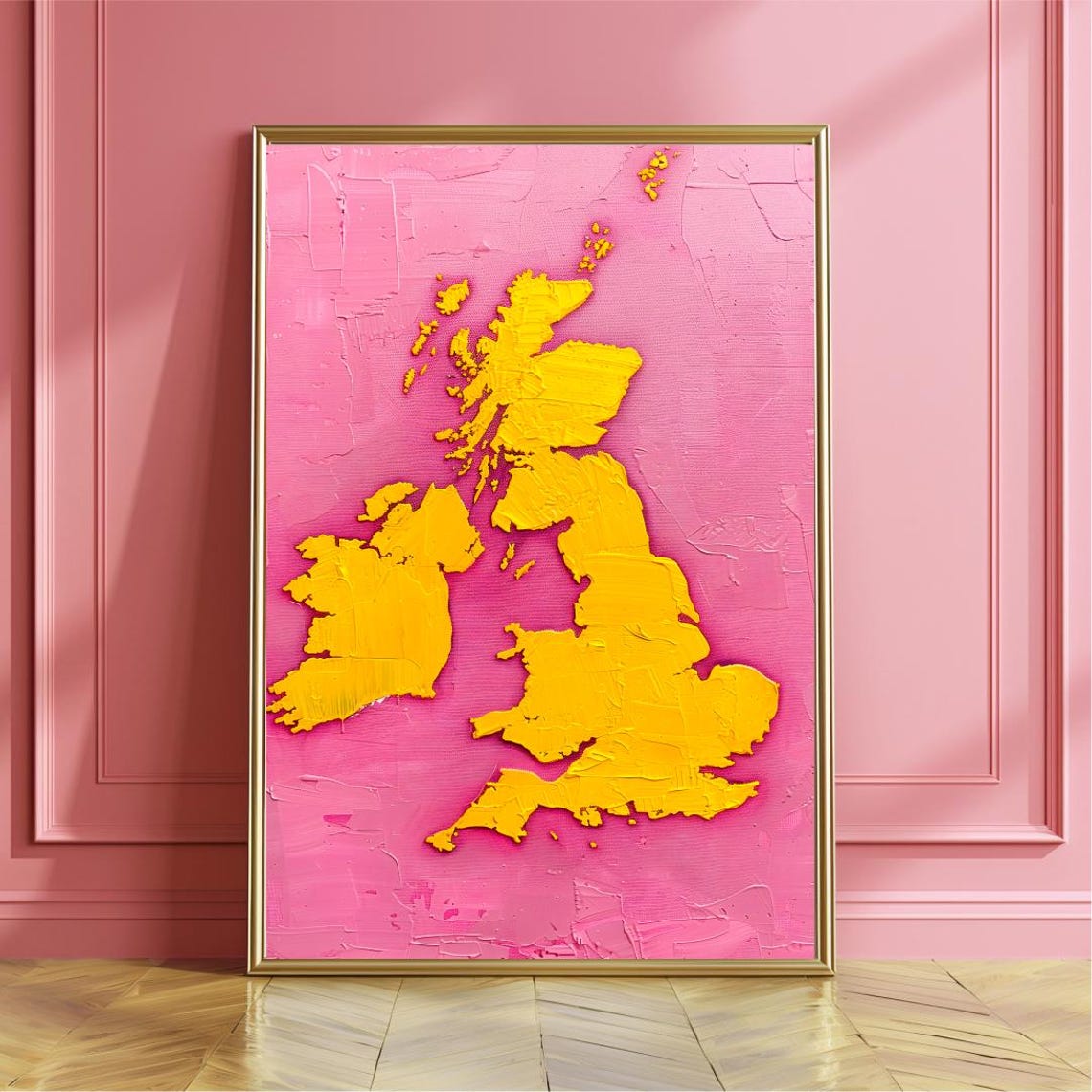 United Kingdom Map Yellow Acrylic on Pink Textured Wall Poster
