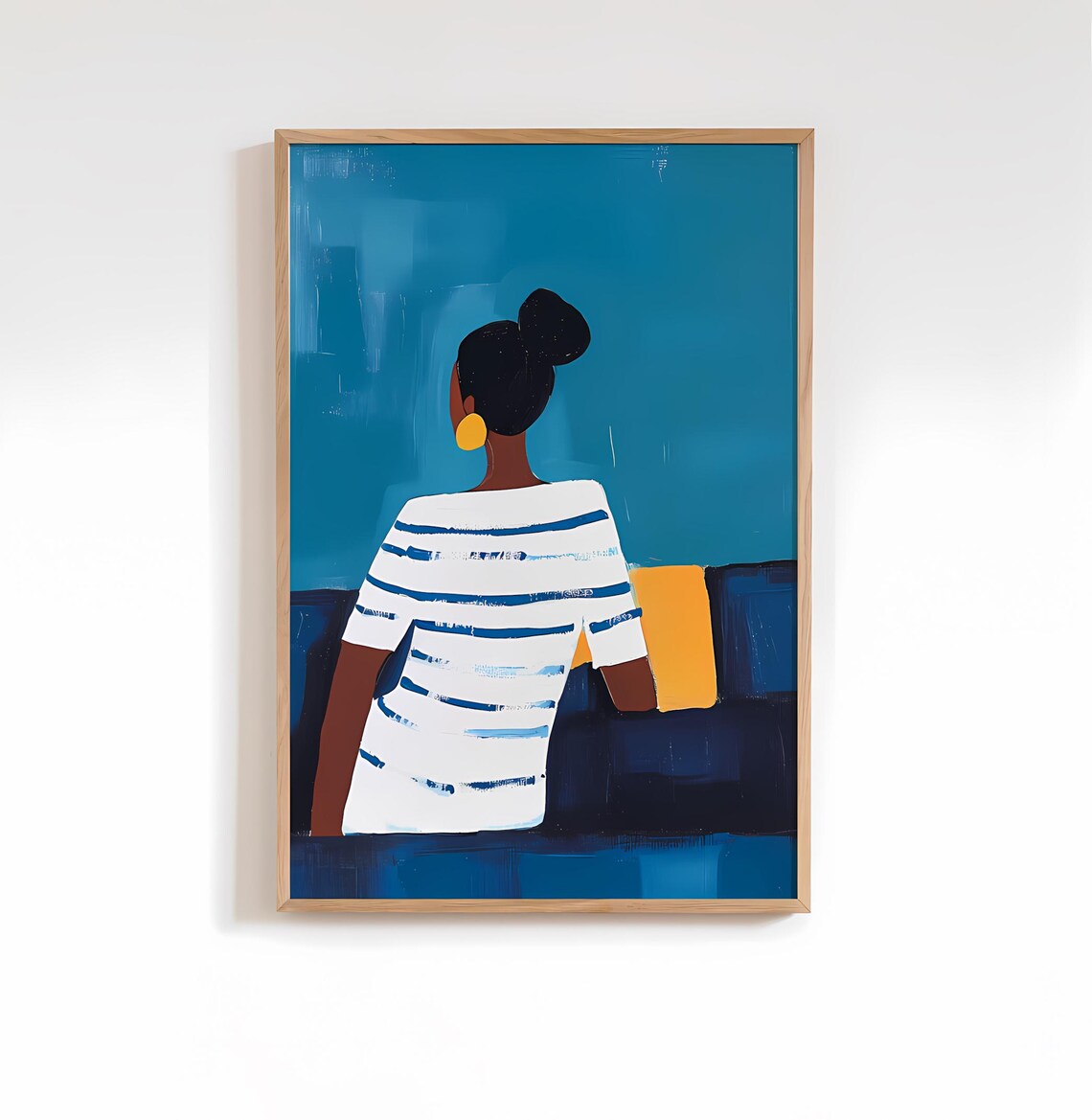 Blue And White Striped Dress Woman Modern Acrylic Art Poster