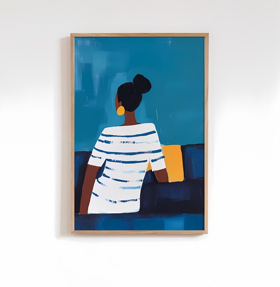 Blue Yellow Abstract Stripe Dress Art Print Woman Wall Colorful Contemporary Decor Acrylic Poster