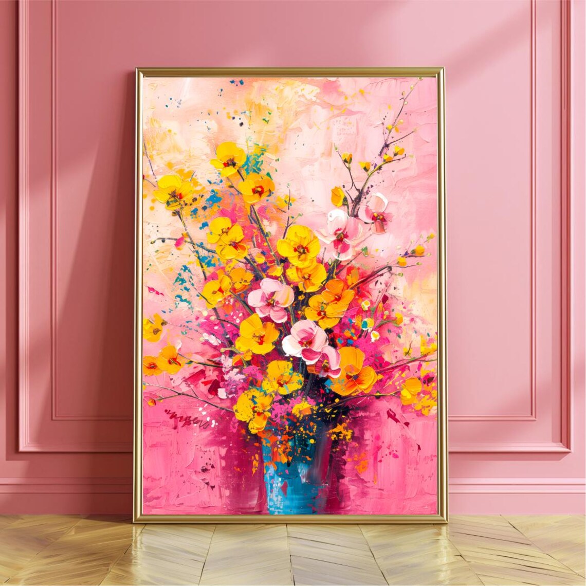 Yellow Flowers in Blue Vase Botanical Art Print