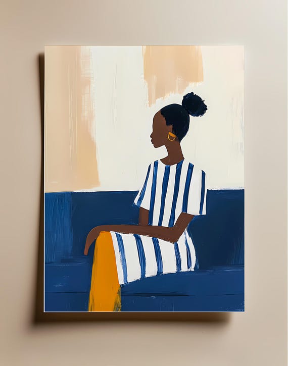 Blue Beige Abstract African Woman On Sofa Art Print Modern Acrylic People Colorful Wall Decor Contemporary Poster