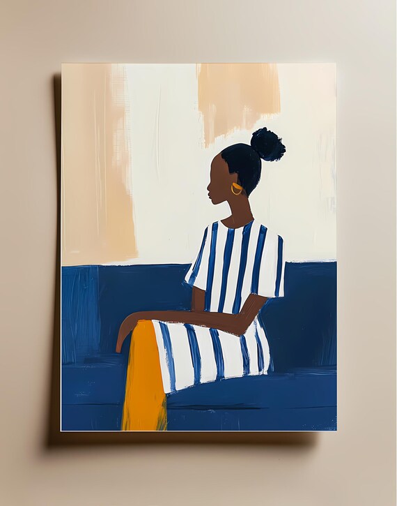 Blue Beige Abstract Woman Relaxing On Sofa Modern Art Poster