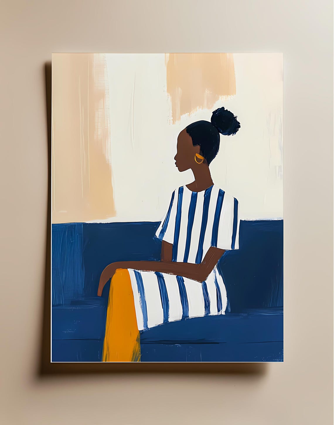 Blue Beige Abstract Woman Relaxing On Sofa Modern Art Poster