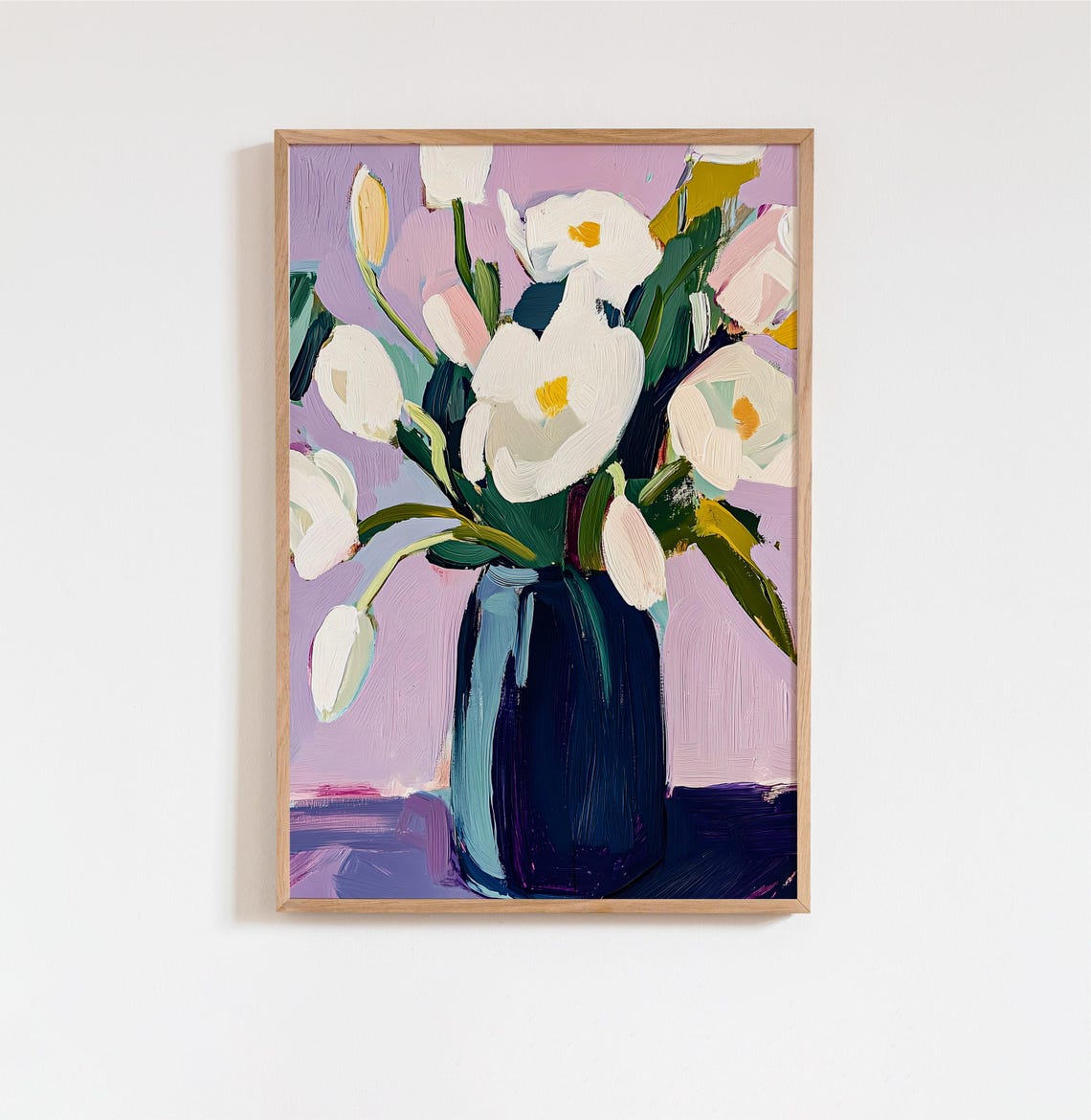 White Tulips in Indigo Vase on Purple Impressionist Floral Poster
