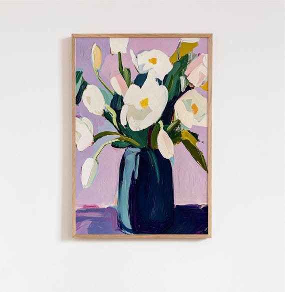 White Tulips In Indigo Vase Art Print Matisse Inspired Floral Painting Spring Abstract Wall Modern Colorful