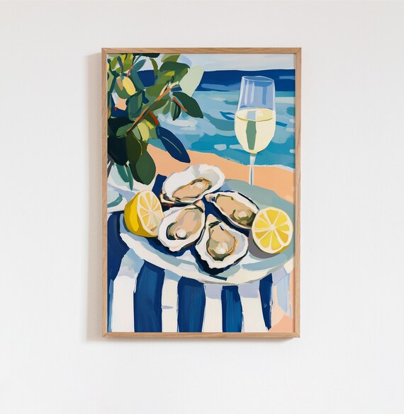 Oysters Lemons White Wine Vertical Coastal Beach Table Art Poster