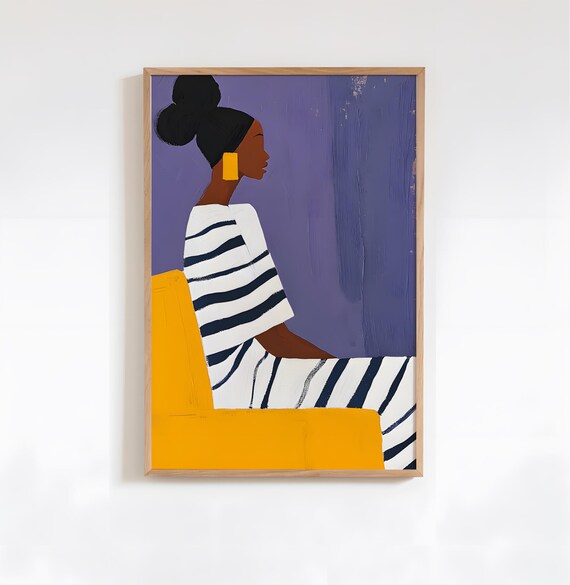 Lilac Yellow Abstract Woman Art Colorful Acrylic Modern Poster Vibrant Stripe Wall Decor Elegant Interior