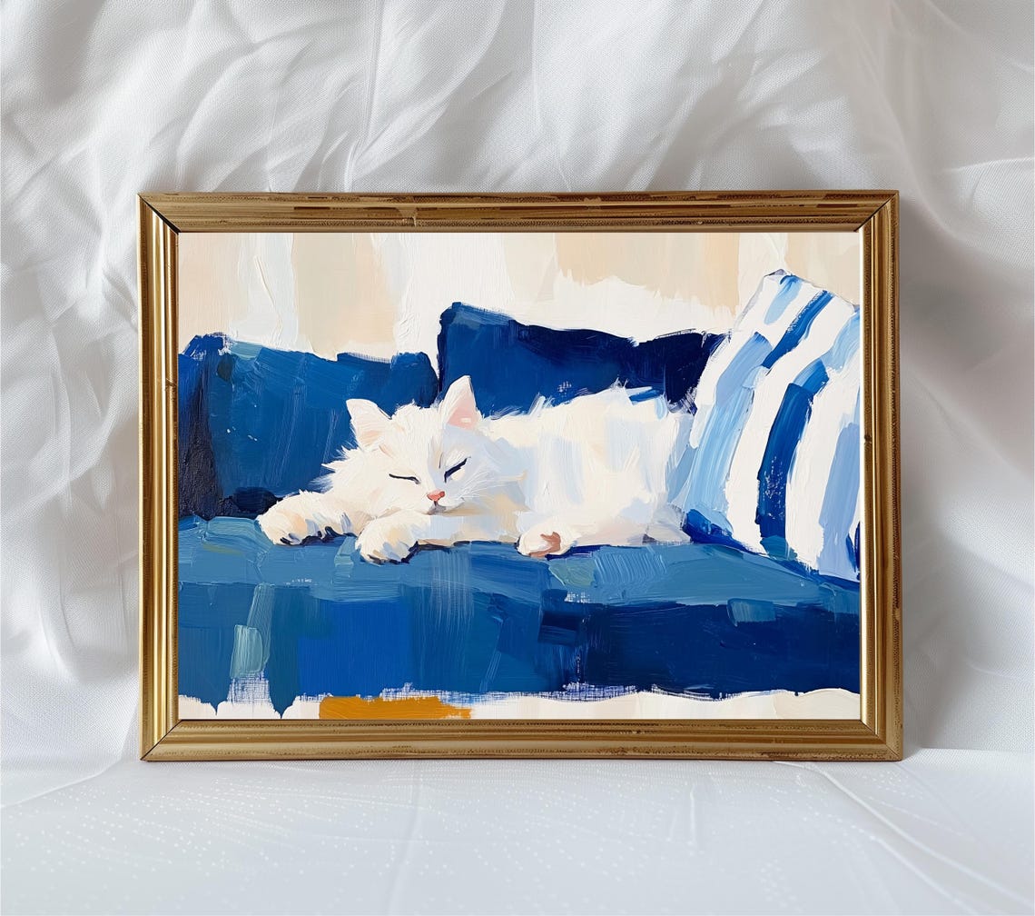 White Cat Sleeping Blue Couch Impressionist Pet Portrait Wall Art