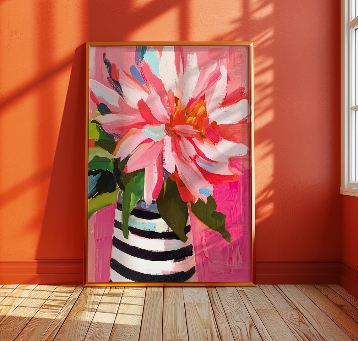 Pink Dahlia Art Print, Matisse-Inspired Botanical Decor