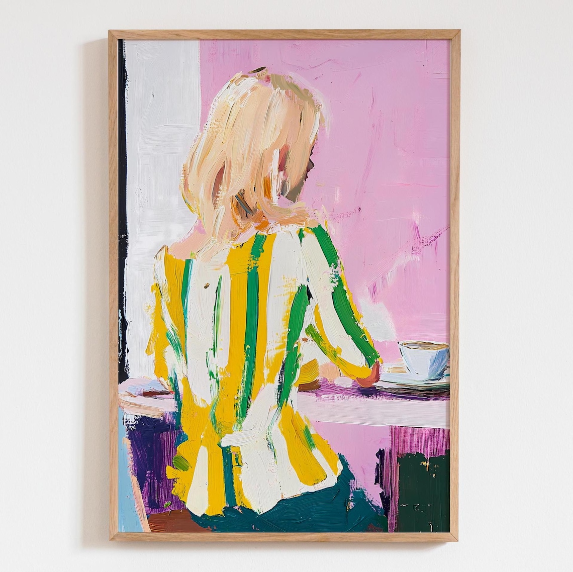 Blonde Woman at Cafe Abstract Pink Palette Knife Oil Painting Poster