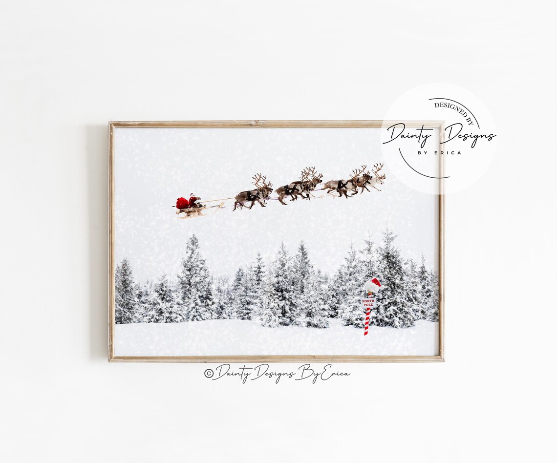 Santa Sleigh Reindeer Snowy Forest North Pole Beautiful Poster - Image 4