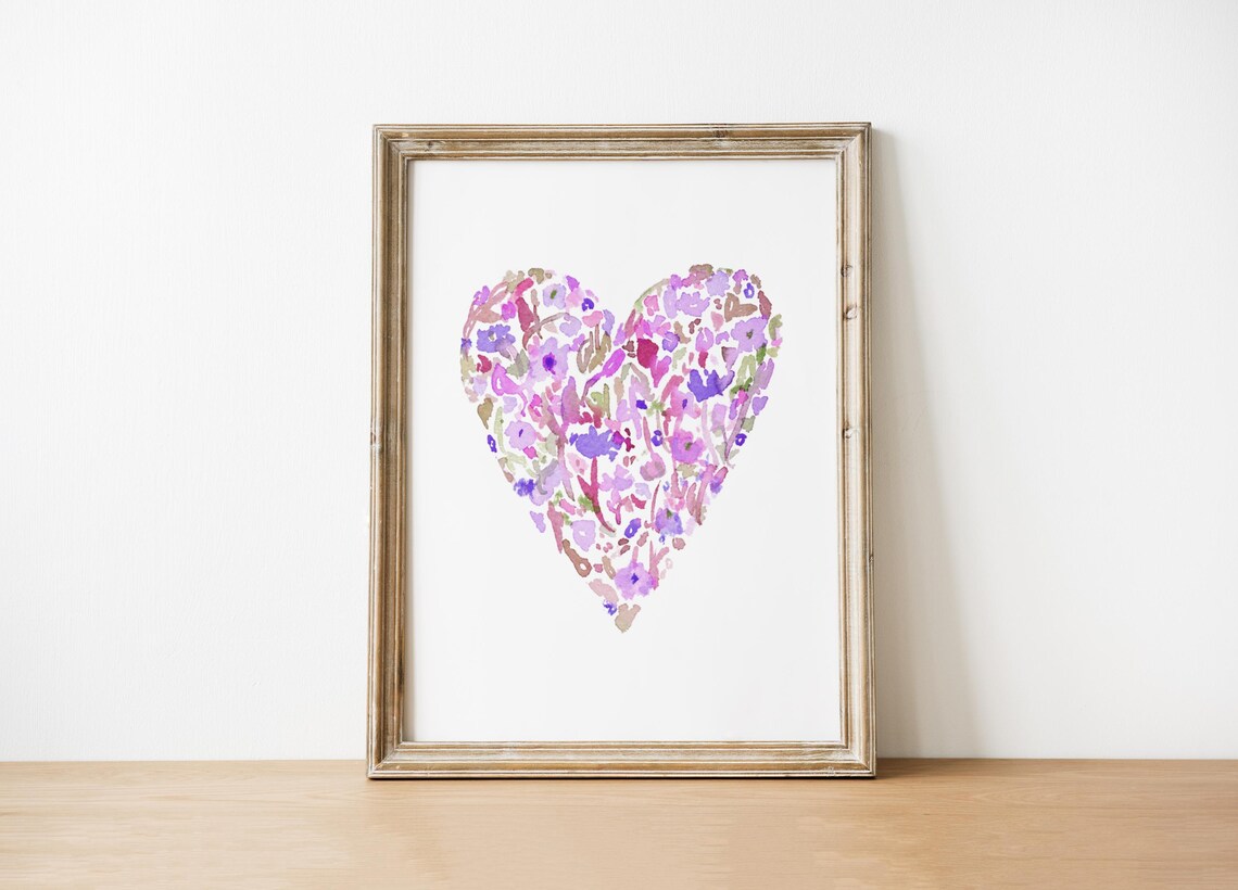 Soft Pink Purple Watercolor Floral Heart Valentines Day Art Print - Image 3
