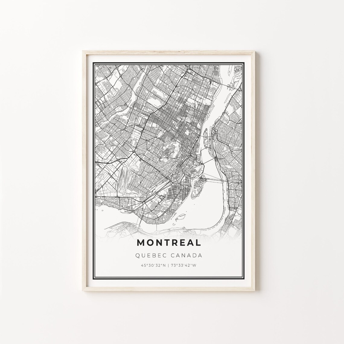 Montreal City Map Art Poster, Modern Black and White