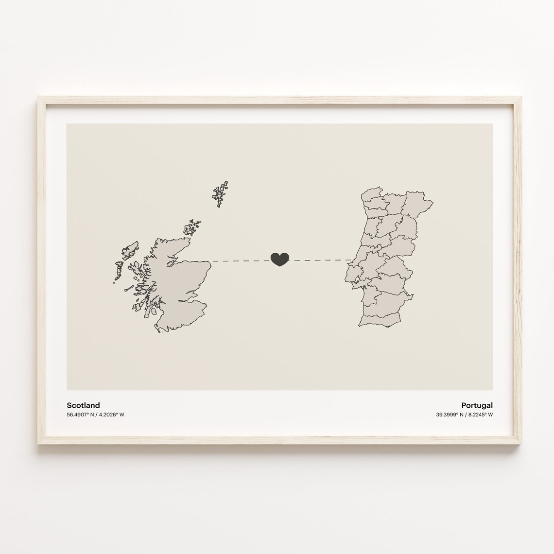Scotland to Portugal Minimalist State Connection Map Travel Poster
