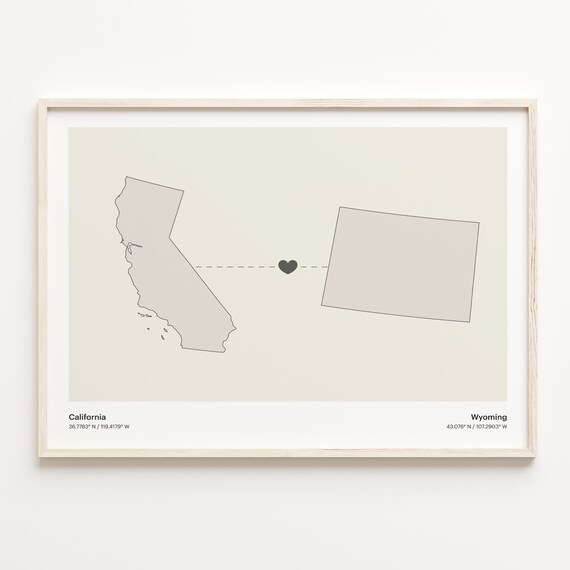 California To Wyoming Minimalist Heart Long Distance Connection Poster