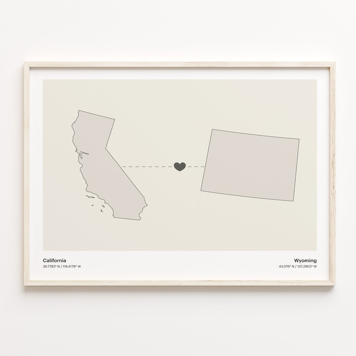 California To Wyoming Minimalist Heart Long Distance Connection Poster